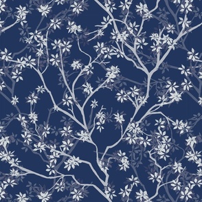 silver blue winding branches with leaves in shades of blue - medium scale