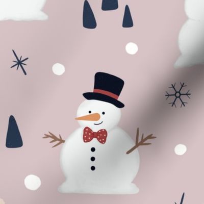 Large snowmen with snowflakes stars and pinecones  in rosewood pink 24in x 24in