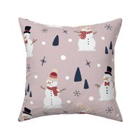 Large snowmen with snowflakes stars and pinecones  in rosewood pink 24in x 24in