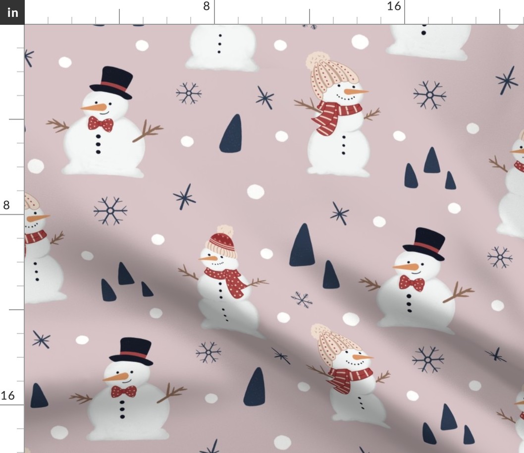 Large snowmen with snowflakes stars and pinecones  in rosewood pink 24in x 24in