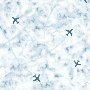 large-Planes in the Winter Cloudy Sky Blue Grey Tye Dye
