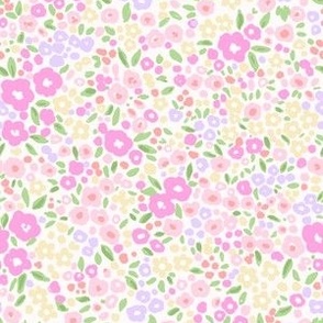 Summer Pinks Yellows Meadow Walk Millefleur Ditsy Abstract Country Florals Preppy Grand Millennial, Small Scale, Dolls House Pattern, 70s florals, Peach and Pink 6" PF117c