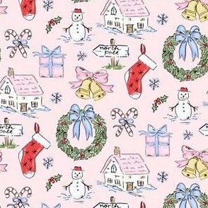  PINK CHRISTMAS TOILE WATERCOLOR PREPPY GRAND MILLENNIAL SNOW MUCH FUN Christmas Cottage, Stocking Bow Wreath 6" PF139B