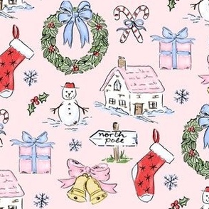 PINK CHRISTMAS TOILE WATERCOLOR PREPPY GRAND MILLENNIAL SNOW MUCH FUN Christmas Cottage, Stocking Bow Wreath 8" PF139B