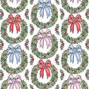 CHRISTMAS WREATH BOW WATERCOLOR HOLLY & BERRIES GRAND MILLENNIAL PREPPY TRADITION PINK BLUE RED BOWS 4" PF139E