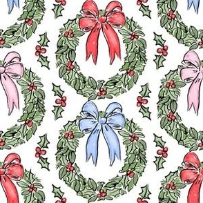 CHRISTMAS WREATH BOW WATERCOLOR HOLLY & BERRIES GRAND MILLENNIAL PREPPY TRADITION PINK BLUE RED BOWS 6" PF139E