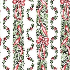 Red & Green Christmas Ribbon Bows , Holly & Berries, Greenery Stripe, Swag, Bows, Vine, Traditional Christmas Stripe PF139I