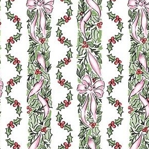 Pink & Green Christmas Ribbon  Bows, Holly & Berries, Greenery Stripe, Swag, Bows, Vine, Pink Christmas Stripe PF139J
