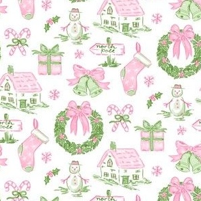 Pink & Green CHRISTMAS TOILE WATERCOLOR PREPPY GRAND MILLENNIAL SNOW MUCH FUN, Stocking, Christmas Bow Wreath, Cosy Cottage 6" PF139R