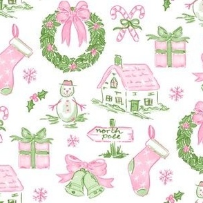 Pink & Green CHRISTMAS TOILE WATERCOLOR PREPPY GRAND MILLENNIAL SNOW MUCH FUN, Stocking, Christmas Bow Wreath, Cosy Cottage 8" PF139R