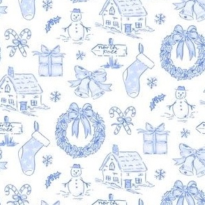 BLUE CHRISTMAS TOILE WATERCOLOR PREPPY GRAND MILLENNIAL SNOW MUCH FUN, Stocking, Christmas Bow Wreath, Cosy Cottage 6" PF139S