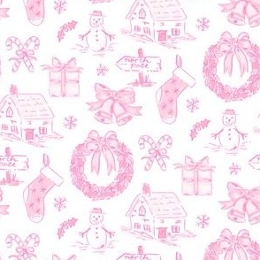 PINK CHRISTMAS TOILE WATERCOLOR PREPPY GRAND MILLENNIAL SNOW MUCH FUN, Stocking, Christmas Bow Wreath, Cosy Cottage 6" PF139U