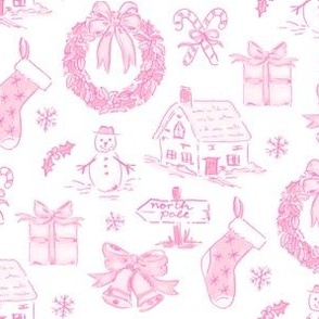 PINK CHRISTMAS TOILE WATERCOLOR PREPPY GRAND MILLENNIAL SNOW MUCH FUN, Stocking, Christmas Bow Wreath, Cosy Cottage 8" PF139U