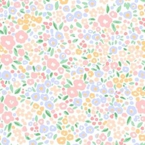 Summer Peach Pinks Periwinkle Meadow Walk Millefleur Ditsy Abstract Country Florals Preppy Grand Millennial, Small Scale, Dolls House Pattern, 70s florals, Peach and Pink 6" PF117e