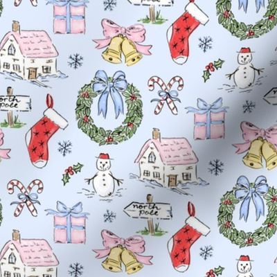 BLUE CHRISTMAS TOILE WATERCOLOR PREPPY GRAND MILLENNIAL SNOW MUCH FUN Christmas Cottage, Stocking Bow Wreath 8" PF139C