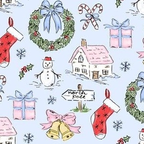 BLUE CHRISTMAS TOILE WATERCOLOR PREPPY GRAND MILLENNIAL SNOW MUCH FUN Christmas Cottage, Stocking Bow Wreath 8" PF139C