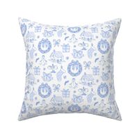 BLUE CHRISTMAS TOILE WATERCOLOR PREPPY GRAND MILLENNIAL SNOW MUCH FUN Christmas Cottage, Stocking Bow Wreath, Blue and White, Winter Holidays 8" PF139S