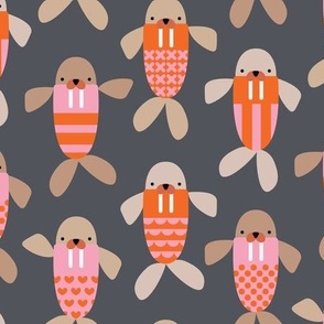 Cute baby walrus on orange and pink with dark background in medium scale