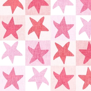 Festive Christmas stars red and  pink checkerboard check linen texture