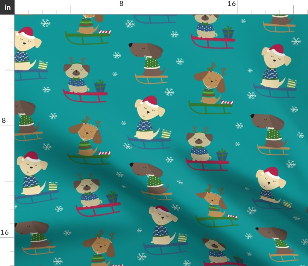 Cute Christmas Holiday Dogs on Sleds Pattern, Medium Scale