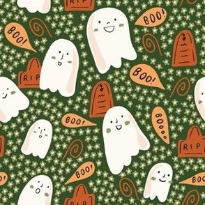 Small - Boo! Cute Halloween - Friendly Ghosts in Floral Graveyard - Retro Green and Rusty Orange - Vintage Floral Halloween
