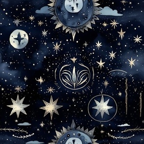Mystical Watercolor Moon and Stars