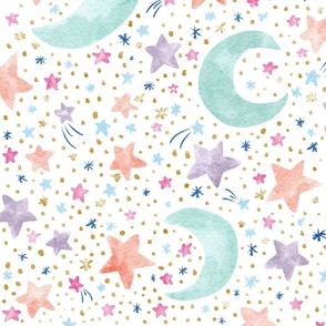 Multi Pastel Stars and Moons on White