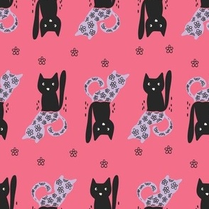 Small - Black Cat Halloween - Retro Pop Halloween - Spooky Black Cat - Shadow Florals - Hot Pink and Purple 
