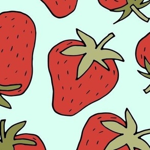 323 - Jumbo scale juicy bold red strawberries on aquamarine teal for summer picnics, kids apparel, kids decor, curtains, nursery accessories, kitchen wallpaper
