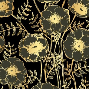 Anemones Gold and Grey on Black