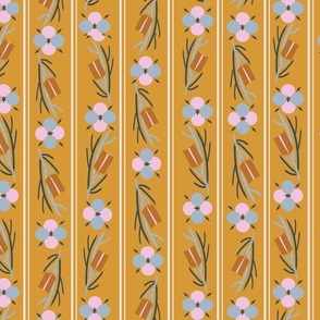 LARGE:Geo Stylized Florals Pink and Blue on Mustard