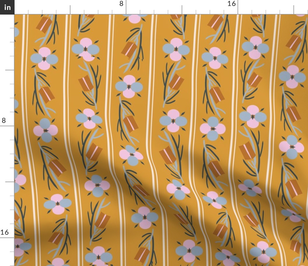 LARGE:Geo Stylized Florals Pink and Blue on Mustard