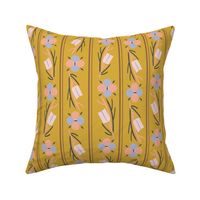 LARGE:Geo Stylized Florals Orange and Blue on Mustard