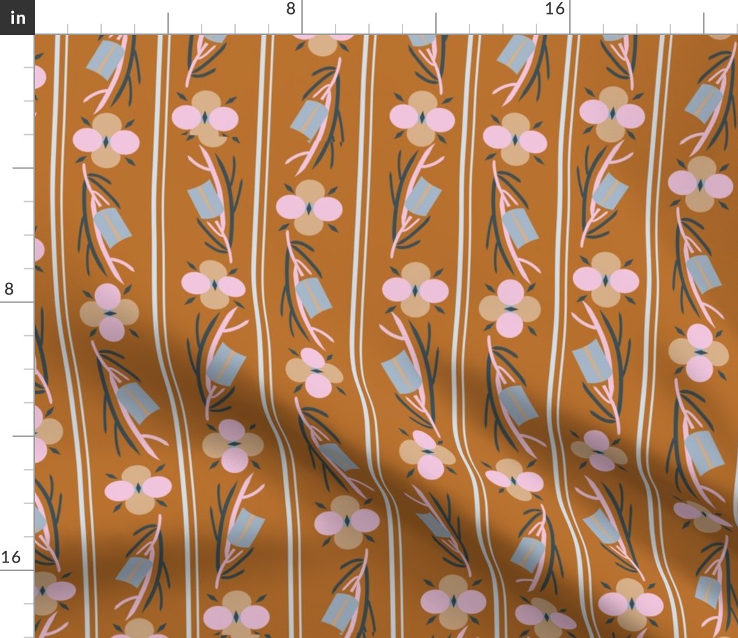 LARGE:Geo Stylized Florals Pink and Blue on Brown