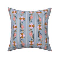 LARGE:Geo Stylized Florals Pink and Brown on Blue