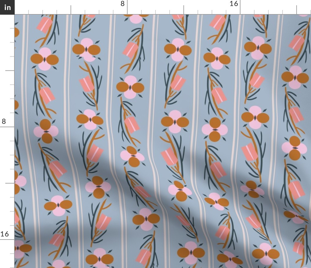 LARGE:Geo Stylized Florals Pink and Brown on Blue