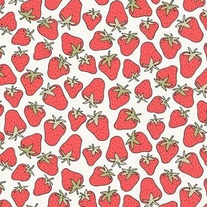 323 - Small scale lovely coral red sweet strawberries for summer apparel, nursery decor, kitchen linens. tea towels, tablecloths, placemats and napkins.
