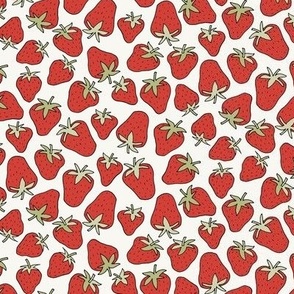 323 - Small scale lovely deep red sweet strawberries for summer apparel, nursery decor, kitchen linens. tea towels, tablecloths, placemats and napkins.