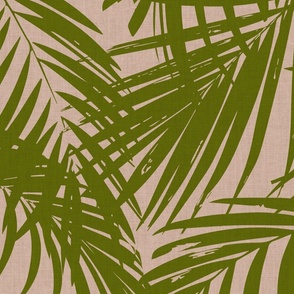 Palm leaves  - JUMBO grass green on blush, vintage linen look 