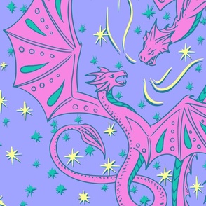 (jumbo) Dreamscape Dragons / Kids Sheets Design Challenge / Dragons Clash in Neon Sunbeam / Purple, Pink, Green, Yellow / jumbo scale