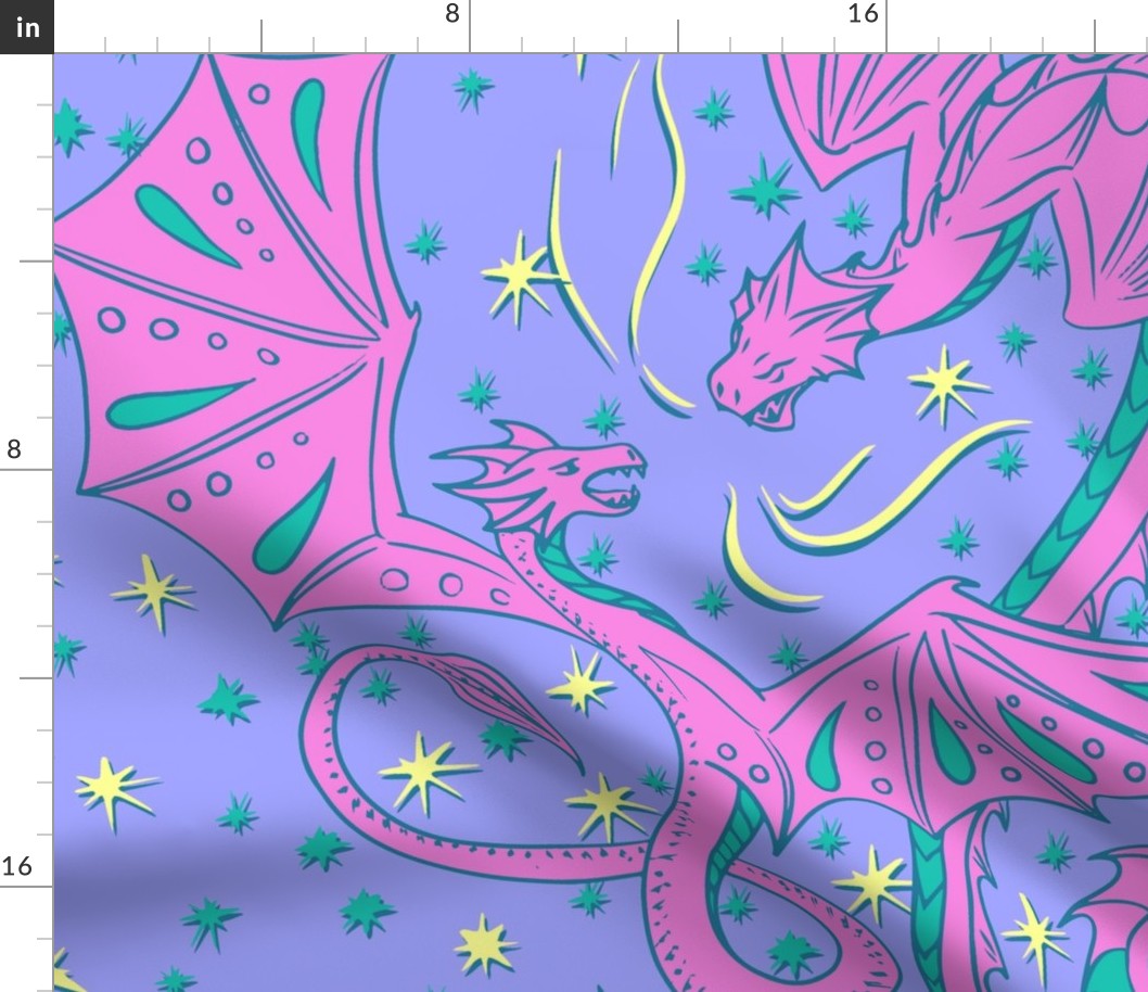 (jumbo) Dreamscape Dragons / Kids Sheets Design Challenge / Dragons Clash in Neon Sunbeam / Purple, Pink, Green, Yellow / jumbo scale