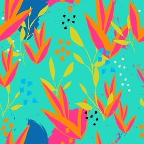 Large Colourful Tropical Flowers on Aqua and Blue