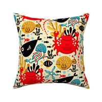 Underwater, Fish and Crab Children Design / Red and Black Version / Medium Scale