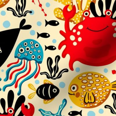 Underwater, Fish and Crab Children Design / Red and Black Version / Medium Scale