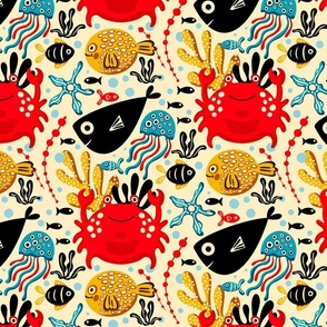 Underwater, Fish and Crab Children Design / Red and Black Version / Medium Scale