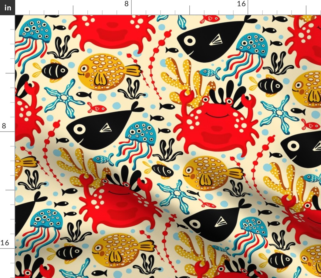 Underwater, Fish and Crab Children Design / Red and Black Version / Medium Scale