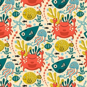 Underwater, Fish and Crab Children Design / Pastel Version / Medium Scale