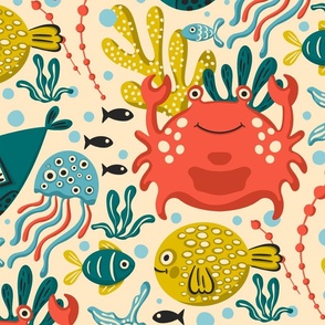 Underwater, Fish and Crab Children Design / Pastel Version / Large Scale or Wallpaper