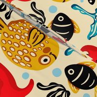 Underwater, Fish and Crab Children Design / Red and Black Version / Large Scale or Wallpaper