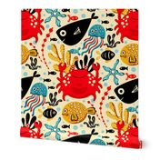 Underwater, Fish and Crab Children Design / Red and Black Version / Large Scale or Wallpaper